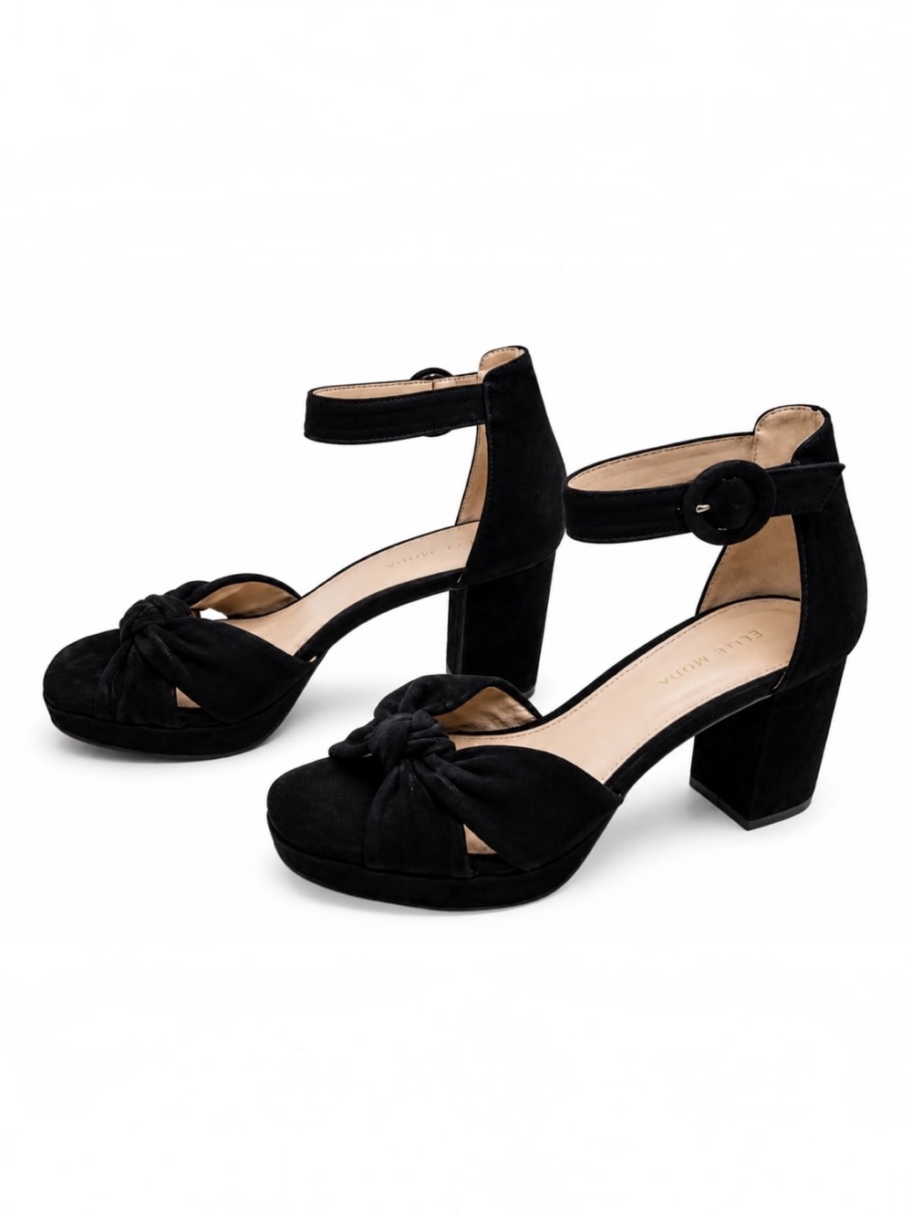 Pelle Moda Black Suede Bow Block Heel Sandals Women’s Size 9M Ankle Strap - Picture 2 of 5